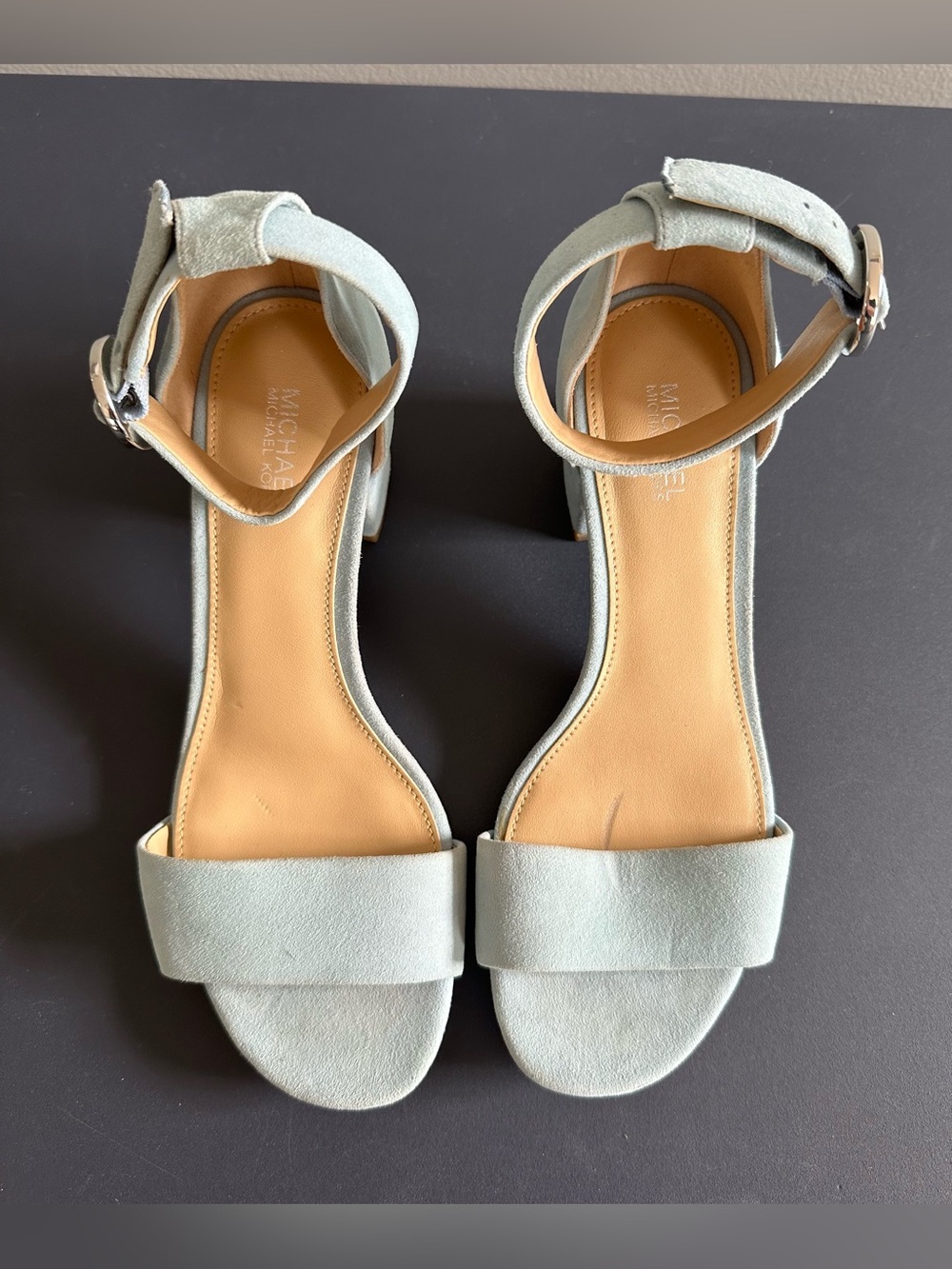 Michael Kors Powder Blue Suede Leather Open Toe Sandal Block Heel Size 6 New